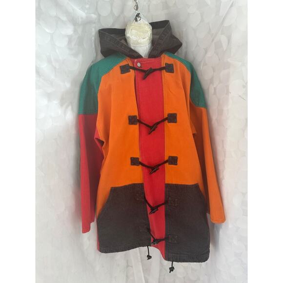 VTG 90's LONG Canvas COLOR BLOCK Duffel Coat Hip Hop Hooded COLORFUL Heavy - Picture 5 of 14
